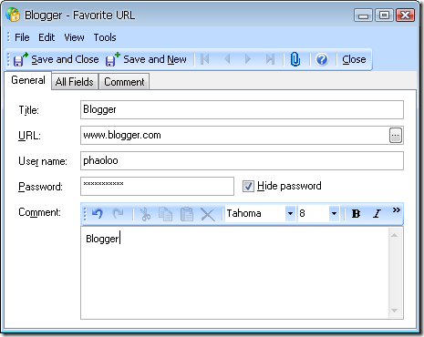 Efficient Password Manager - Add new Favorite URL