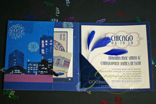 The invitation was designed with the Chicago skyline and fireworks for the 
