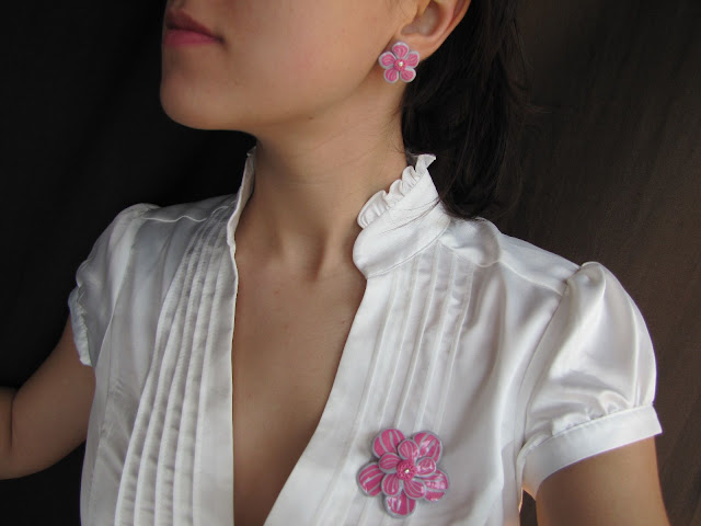 Brosa Handmade Fimo, dalie roz