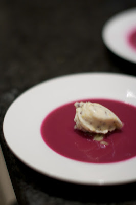 Red cabbage gazpacho with grain mustard ice cream