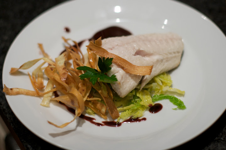 Roast gurnard with parsnip puree, parsnip crisps, savoy cabbage