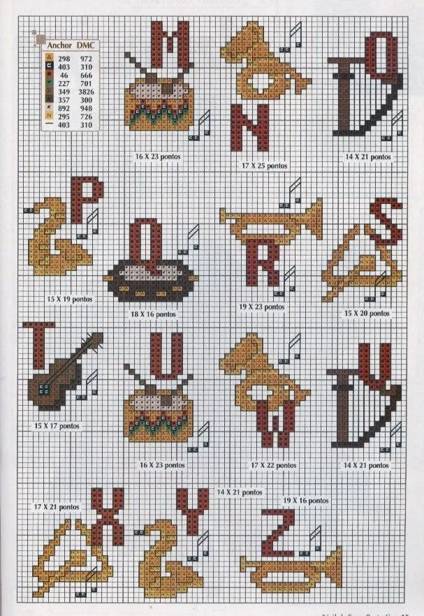 Alfabeto con instrumentos musicales, para punto de cruz. Alfabeto con instrumentos musicales, para punto de cruz.