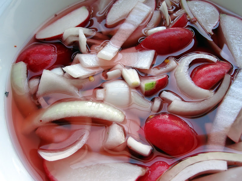 radishes and onions in pickle brine