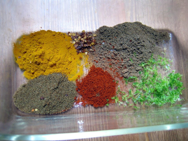 All the spices and lime zest waiting to become a marinade