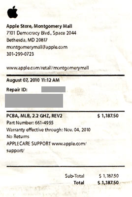 Macbook Pro Repair Receipt