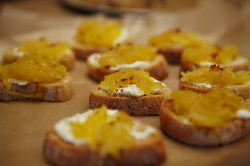 Toasts topped with roasted spaghetti squash and ricotta