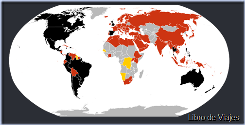 Reportes Gripe A por Países. En Negro muertes confirmadas, en Rojo casos confirmados, en Amarillo casos sospechosos y en Gris ningún caso