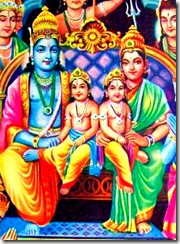 Lord Rama on the throne with His wife Sita and two sons