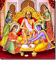 Krishna and Rukmini tending to a brahmana guest