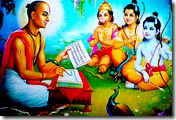 Rama, Lakshmana, Hanuman listening to Tulsidas