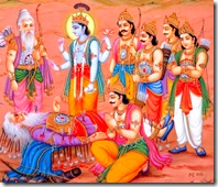 The Pandavas taking instruction from a dying Bhisma