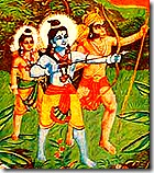 Hanuman, Rama, and Lakshmana fighting Ravana