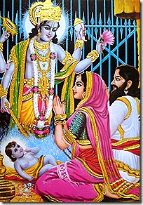 Devaki and Vasudeva praying to Lord Vishnu