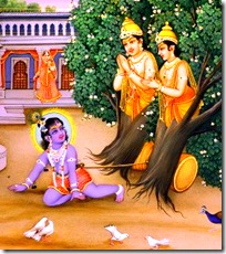 Krishna liberating two trees in Vrindavana