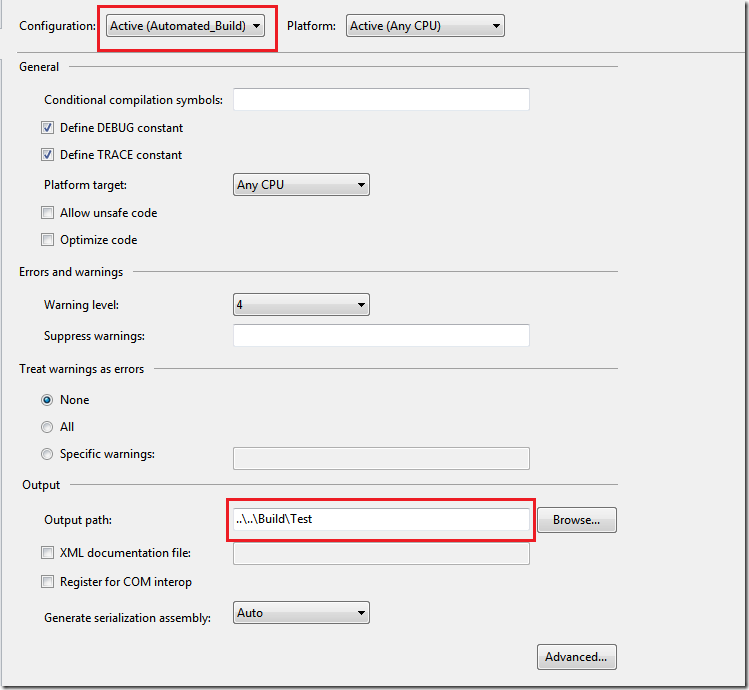 Change output Directory For Test Projects