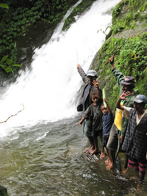 waterfall and bare feet