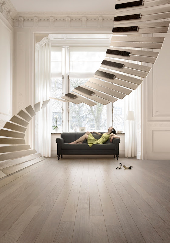 Girl on the sofa and piano stairway