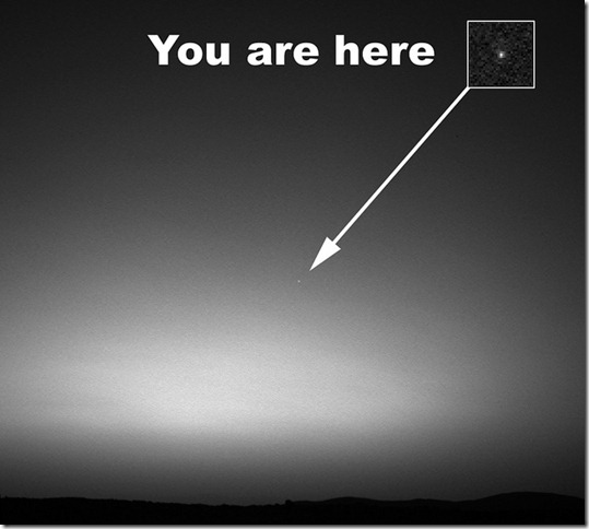 This is the first image ever taken of Earth from the surface of a planet beyond the Moon. It was taken by the Mars Exploration Rover Spirit one hour before sunrise on the 63rd Martian day, or sol, of its mission. (March 8, 2004)

The image is a mosaic of images taken by the rover's navigation camera showing a broad view of the sky, and an image taken by the rover's panoramic camera of Earth. The contrast in the panoramic camera image was increased two times to make Earth easier to see.The inset shows a combination of four panoramic camera images zoomed in on Earth. The arrow points to Earth. Earth was too faint to be detected in images taken with the panoramic camera's color filters.

Image Credit: NASA/JPL/Cornell/Texas A&M
