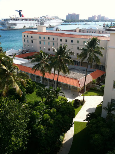 a building with palm trees and a body of water