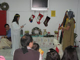 The angel (Becky) announcing the birth of Jesus to the shepherds