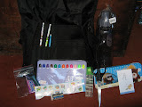 pencils, markers, stickers, glue, scissors, water bottle, pencil case, eraser, candy
