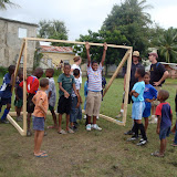 Tito is showing how tall our new goals are.... just 6 foot, and no nets.  But goals nonetheless!