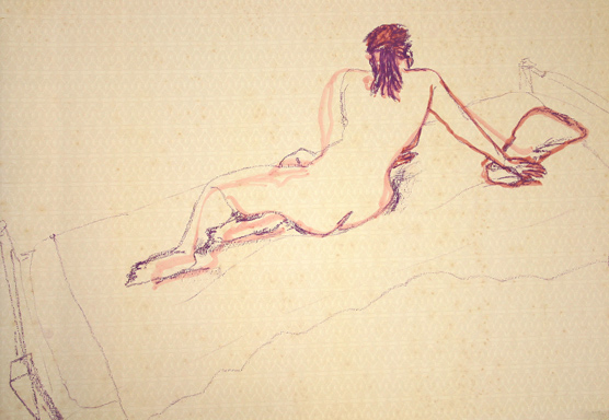 woman on bed (1996 ~ 30 x 50 cm ~ pastel, acrylic on wallpaper)