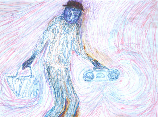 shopping with ghettoblaster, 2006 (kleurpotlood, stift, acryl)