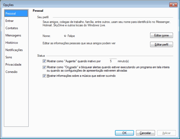 Windows Live Messenger 2011 - Opções, Pessoais Windows Live Messenger 2011 - Opções, Pessoais