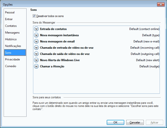 Windows Live Messenger 2011 - Opções, Sons Windows Live Messenger 2011 - Opções, Sons