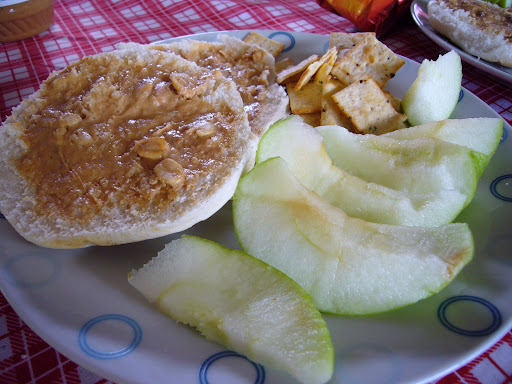 Peanut butter sandwiches, green apples and crackers.  Our first meal on Easter Island.