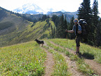 Bob and Cassidy, hiking up Skyline Divide ridge.