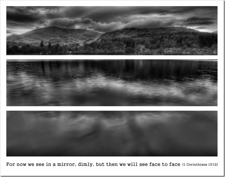 coniston water triptych for now we see in a mirror dimly, but then we will see face to face 1 Corinthians 13 v12