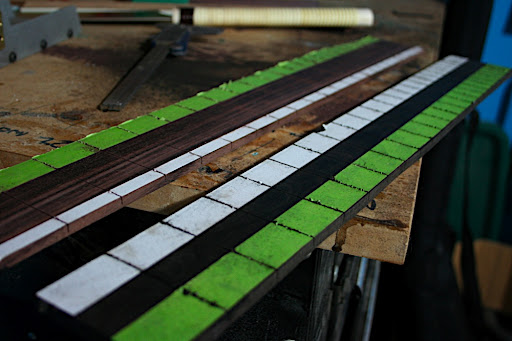 The fretboards for Proto 1 (rosewood) and Proto 2 (ebony) were slotted and glued to the necks after the truss rods were inserted.
