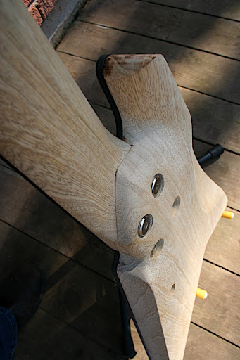 Another view of the neck heel. Quite a bit more material was removed from the bass side and inside the strap extension to make more room for the thumb when in the upper register. The whole thing feels awesome.