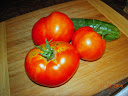 next day, ripe tomatoes from each of three plants - plus another cuke