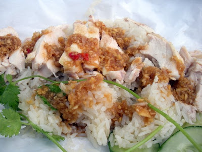 Khao Man Gai, a chicken and rice dish from the food cart, Nong's Khao Man Gai, Portland Oregon