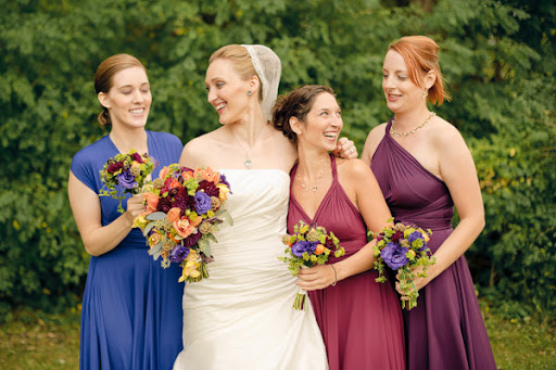 Bridesmaids dresses in shades of jewel tones Sharon Mills
