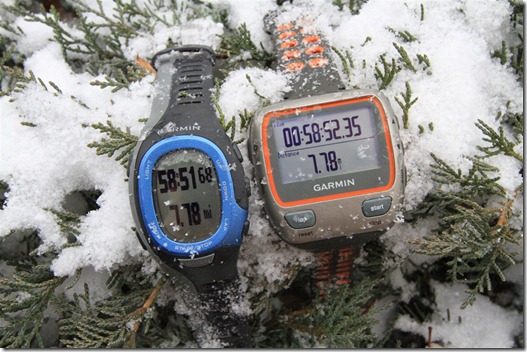 Garmin FR-60 and 310XT in snow after run