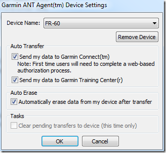 FR-60 ANT+ Agent Configuration Options