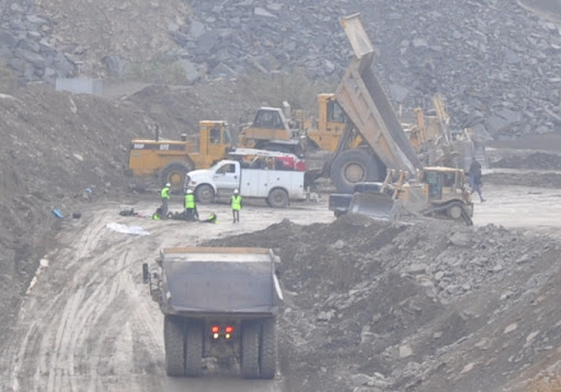 Haul road blocked by Quimby and seven others on the Ed Coal surface mine, Kanawha County, W.Va.