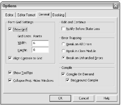 The General tab of the Options dialog box.