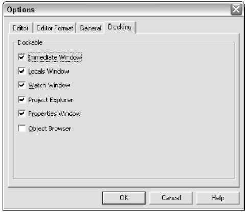 The Docking tab of the Options dialog box.