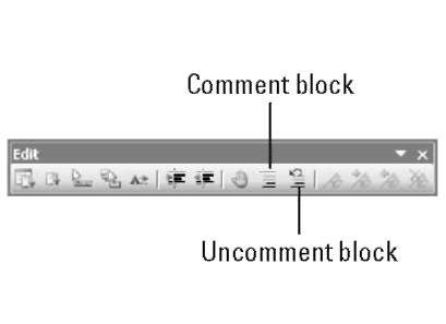 The VBE Edit toolbar contains several useful buttons.