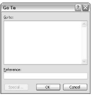 The GoTo dialog box, displayed by using VBA code.