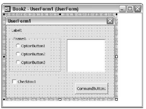 A UserForm with a few controls added.