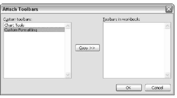 The Attach Toolbars dialog box lets you attach one or more toolbars to a workbook.