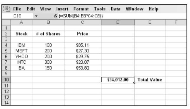Calculating the value of a stock portfolio using an array function.