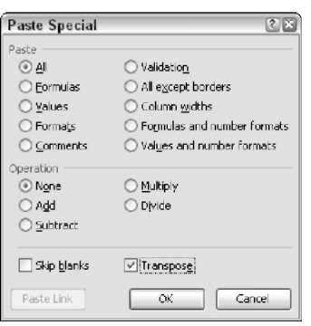 Using the Paste Special dialog box to transpose data.