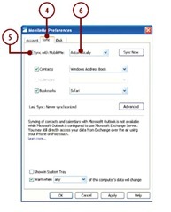 Click the Sync tab.,Check the Sync with MobileMe check box., On the top drop-down menu,